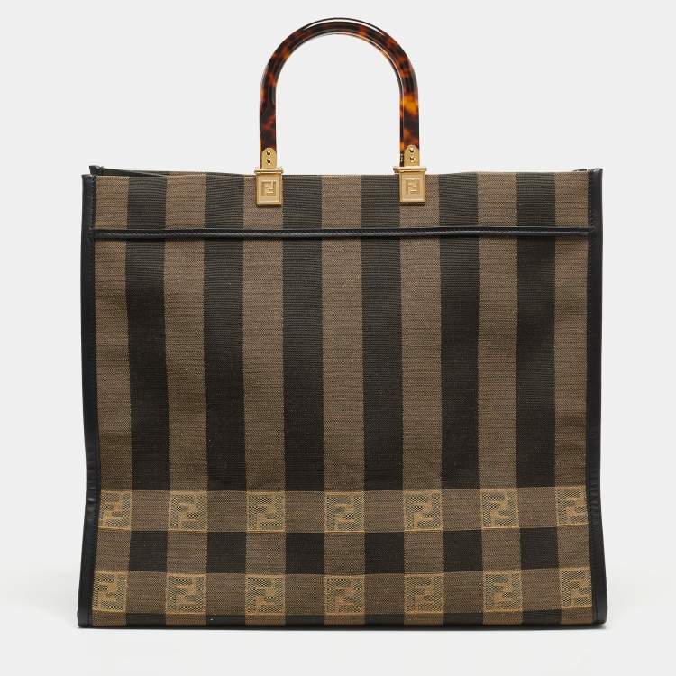 Pre Owned Fendi Black/Tobacco Jacquard Pequin Canvas Large Sunshine Shopper Tote
