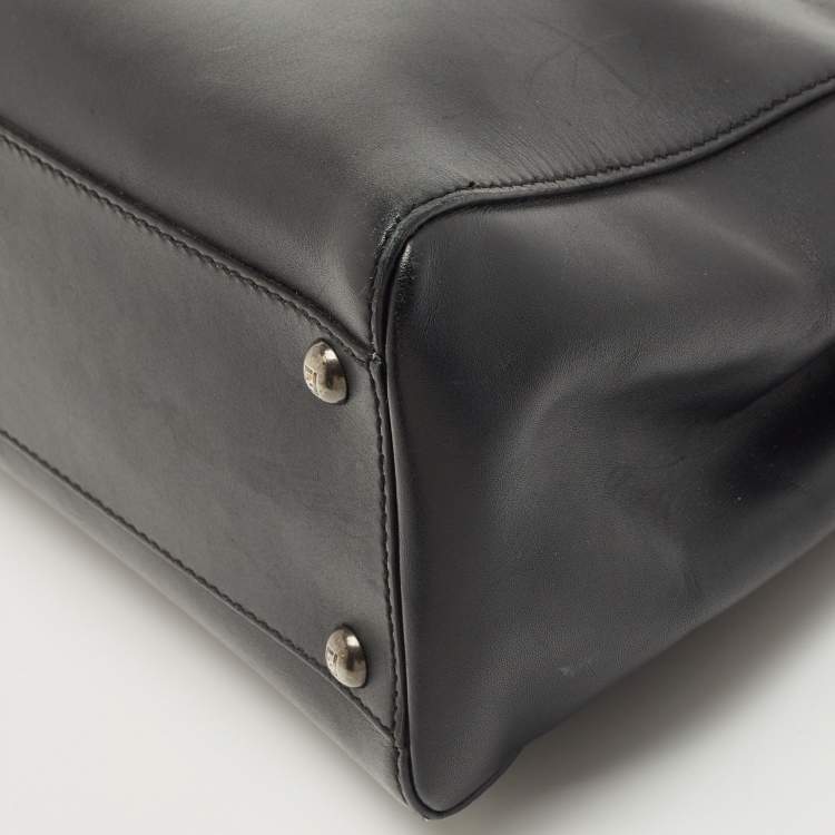 Pre Owned Fendi Black Leather and Leopard Print Calf Hair Interior Medium Peekaboo Top Handle Bag