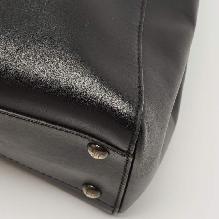 Pre Owned Fendi Black Leather and Leopard Print Calf Hair Interior Medium Peekaboo Top Handle Bag