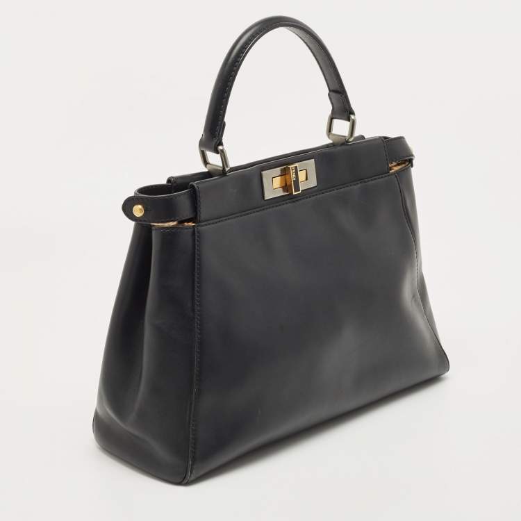Pre Owned Fendi Black Leather and Leopard Print Calf Hair Interior Medium Peekaboo Top Handle Bag