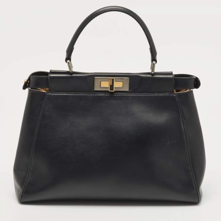 Pre Owned Fendi Black Leather and Leopard Print Calf Hair Interior Medium Peekaboo Top Handle Bag