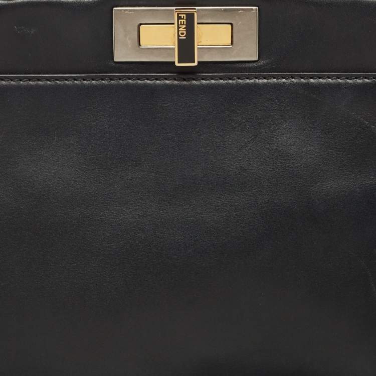 Pre Owned Fendi Black Leather and Leopard Print Calf Hair Interior Medium Peekaboo Top Handle Bag