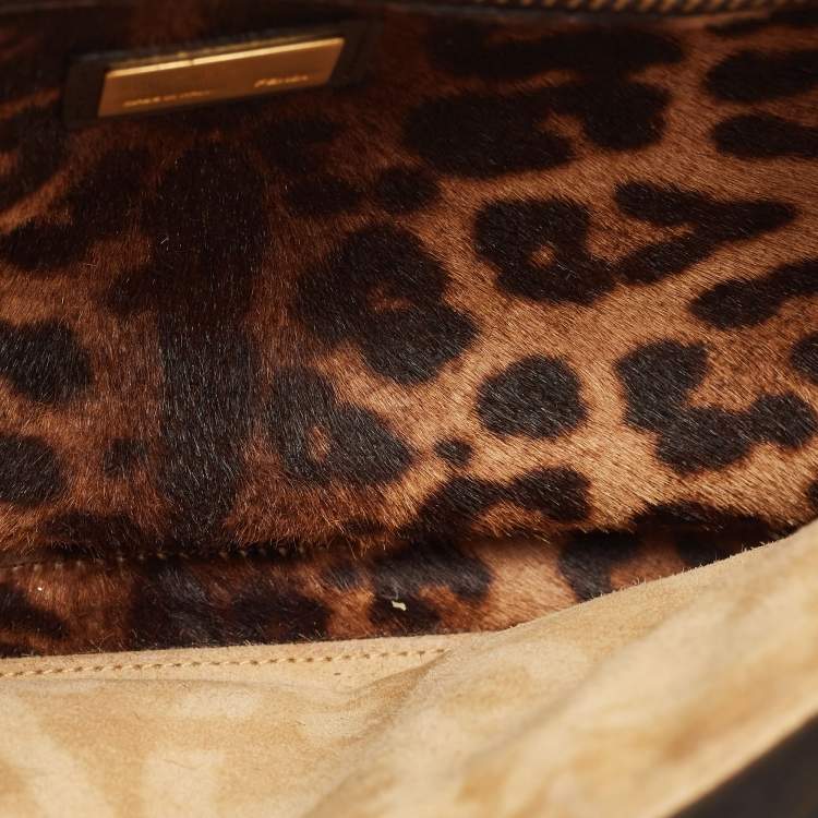 Pre Owned Fendi Black Leather and Leopard Print Calf Hair Interior Medium Peekaboo Top Handle Bag