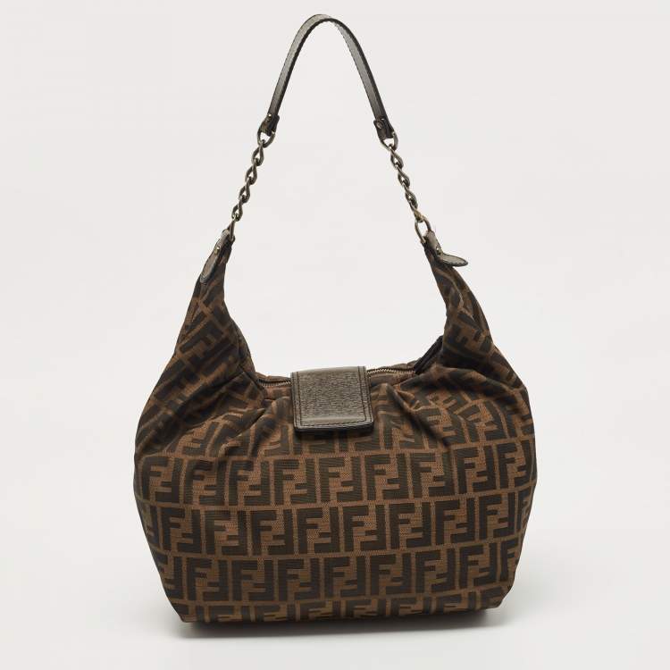 Pre Owned Fendi Dark Brown/Tobacco Zucca Canvas and Leather B Hobo