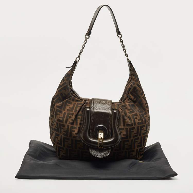 Pre Owned Fendi Dark Brown/Tobacco Zucca Canvas and Leather B Hobo