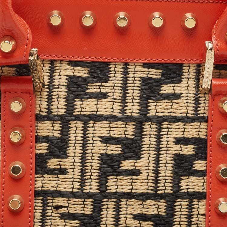 Pre Owned Fendi Tricolor Raffia and Leather Studded Satchel