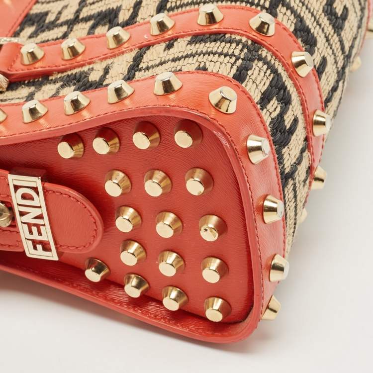 Pre Owned Fendi Tricolor Raffia and Leather Studded Satchel