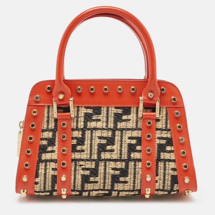 Pre Owned Fendi Tricolor Raffia and Leather Studded Satchel