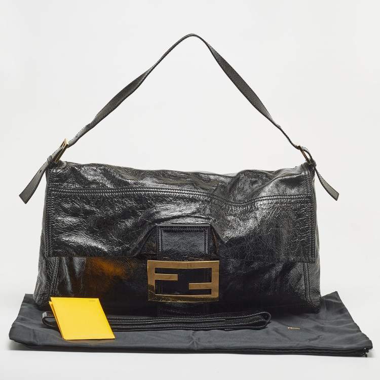 Pre Owned Fendi Black Crinkled Patent Leather Oversized Baguette Flap Shoulder Bag
