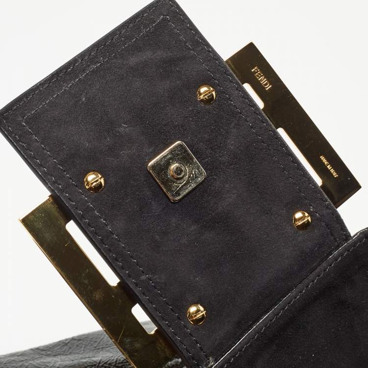 Pre Owned Fendi Black Crinkled Patent Leather Oversized Baguette Flap Shoulder Bag