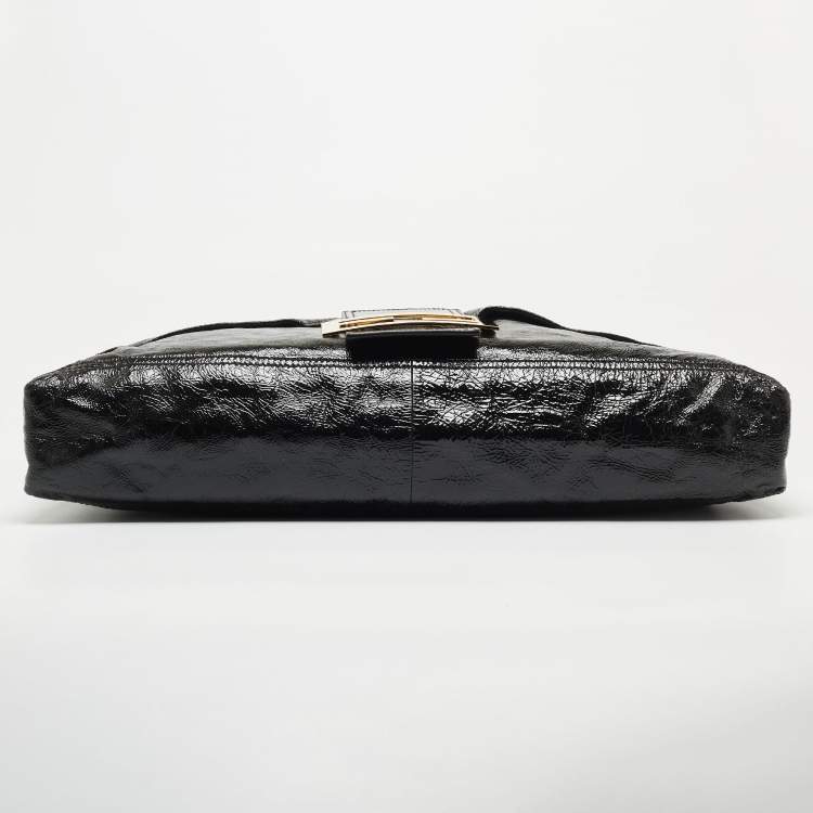 Pre Owned Fendi Black Crinkled Patent Leather Oversized Baguette Flap Shoulder Bag