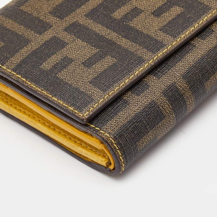 Pre Owned Fendi Tobacco/Yellow Zucca Coated Canvas and Leather Trifold Continental Wallet