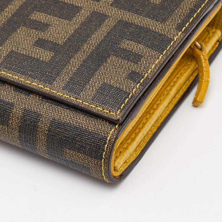 Pre Owned Fendi Tobacco/Yellow Zucca Coated Canvas and Leather Trifold Continental Wallet