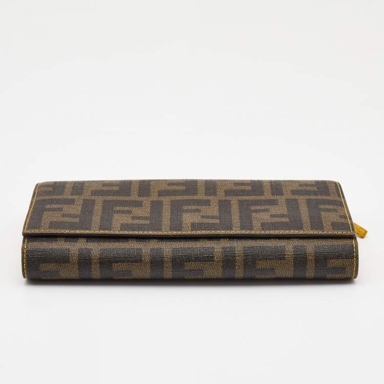 Pre Owned Fendi Tobacco/Yellow Zucca Coated Canvas and Leather Trifold Continental Wallet