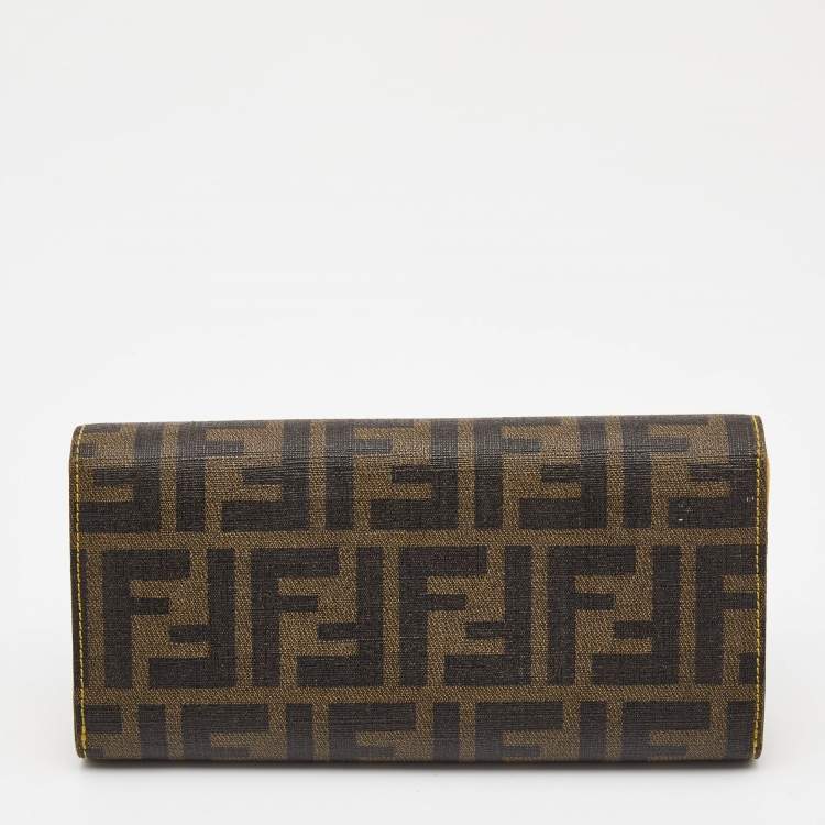Pre Owned Fendi Tobacco/Yellow Zucca Coated Canvas and Leather Trifold Continental Wallet