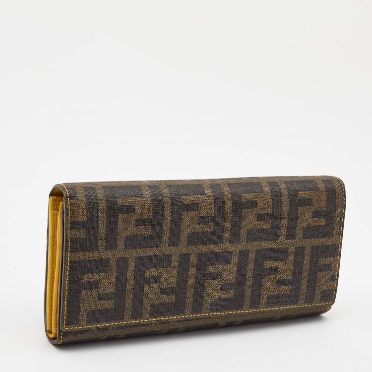 Pre Owned Fendi Tobacco/Yellow Zucca Coated Canvas and Leather Trifold Continental Wallet