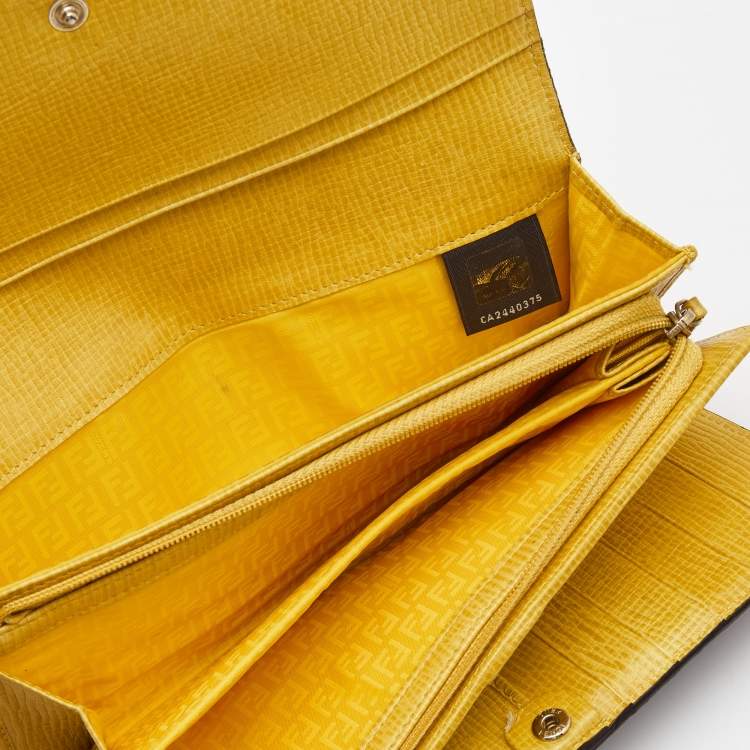 Pre Owned Fendi Tobacco/Yellow Zucca Coated Canvas and Leather Trifold Continental Wallet