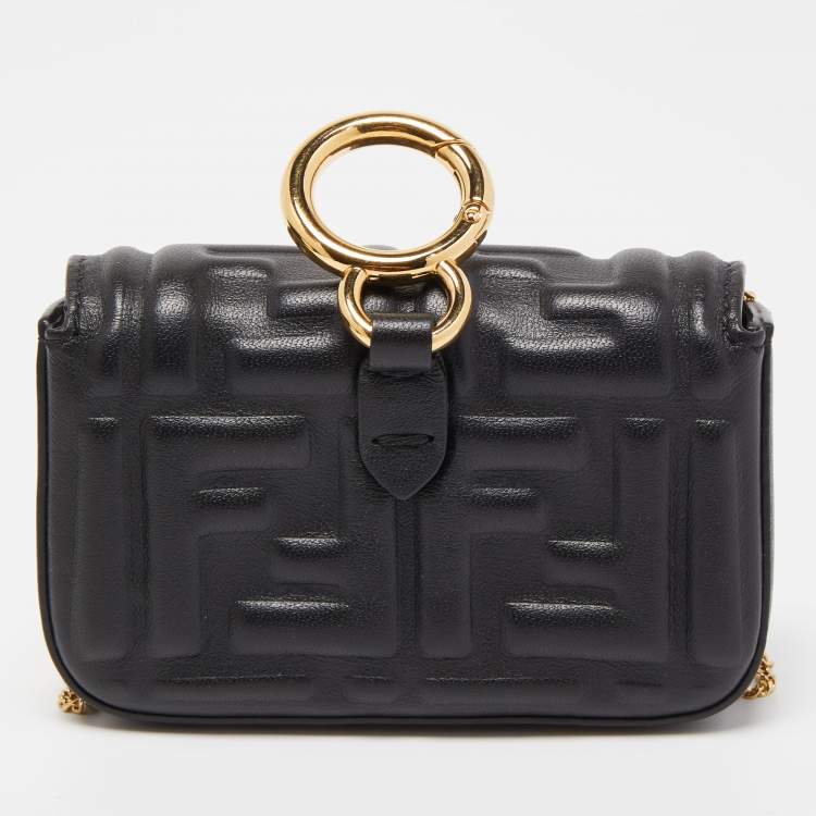 Pre Owned Fendi Black FF Embossed Leather Nano Baguette Charm Bag