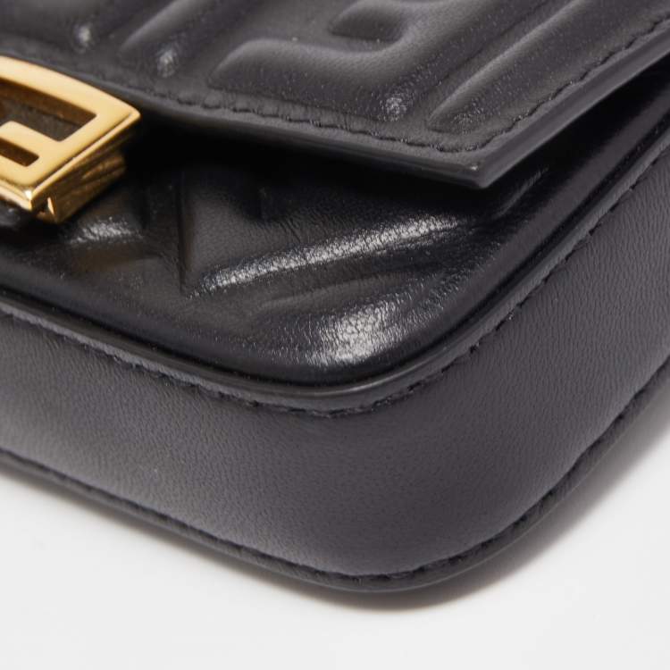 Pre Owned Fendi Black FF Embossed Leather Nano Baguette Charm Bag