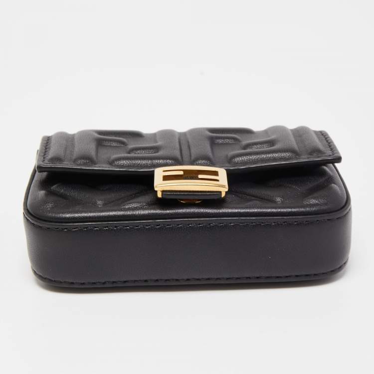 Pre Owned Fendi Black FF Embossed Leather Nano Baguette Charm Bag