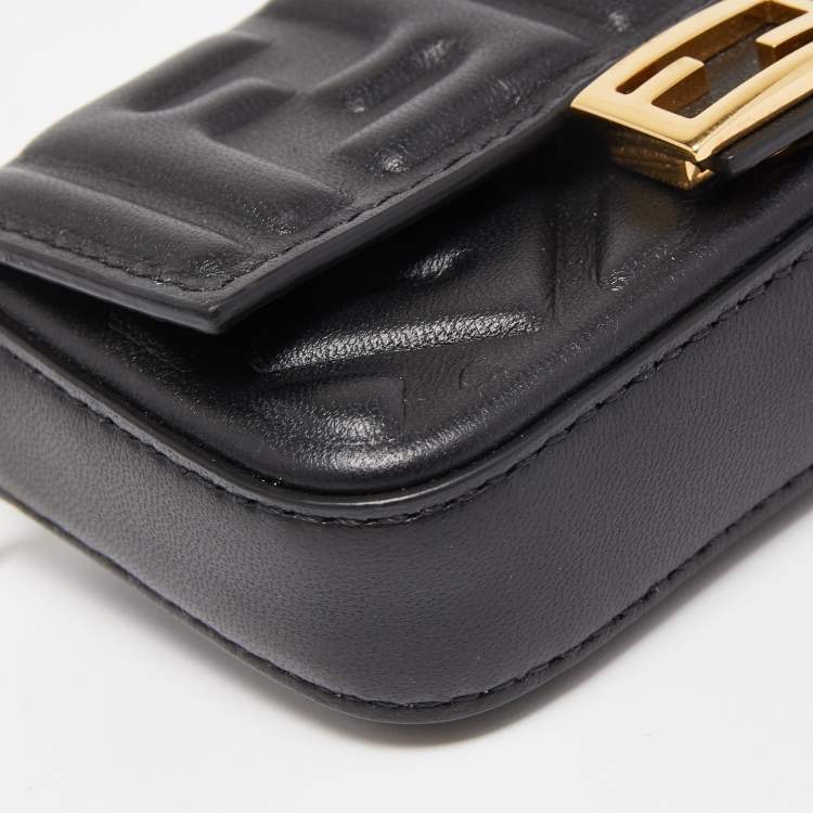 Pre Owned Fendi Black FF Embossed Leather Nano Baguette Charm Bag