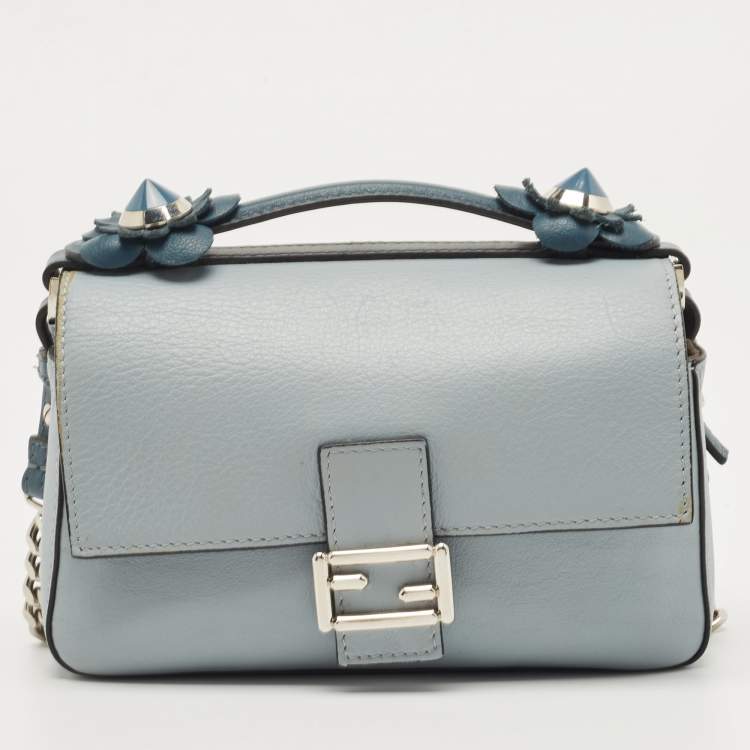 Pre Owned Fendi Blue Leather Micro Flowerland Double Baguette Bag