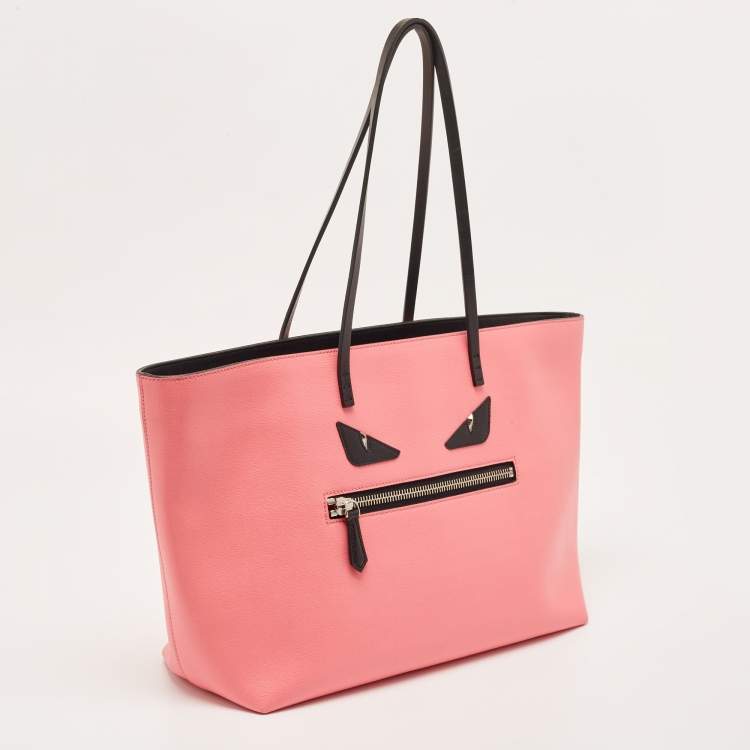 Pre Owned Fendi Black/Pink Leather Medium Monster Roll Tote