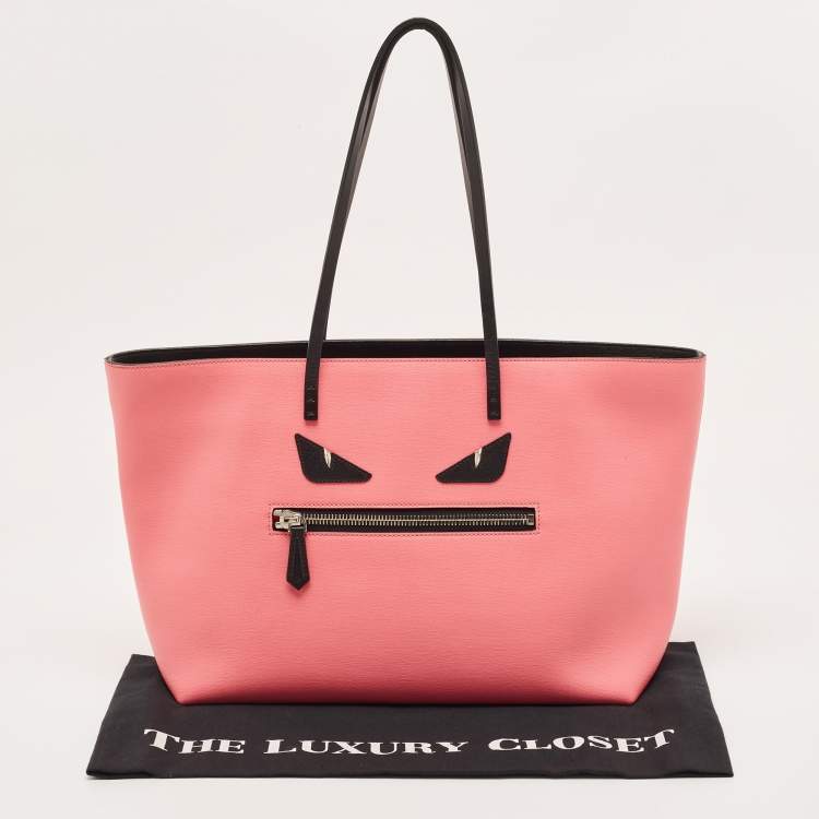 Pre Owned Fendi Black/Pink Leather Medium Monster Roll Tote