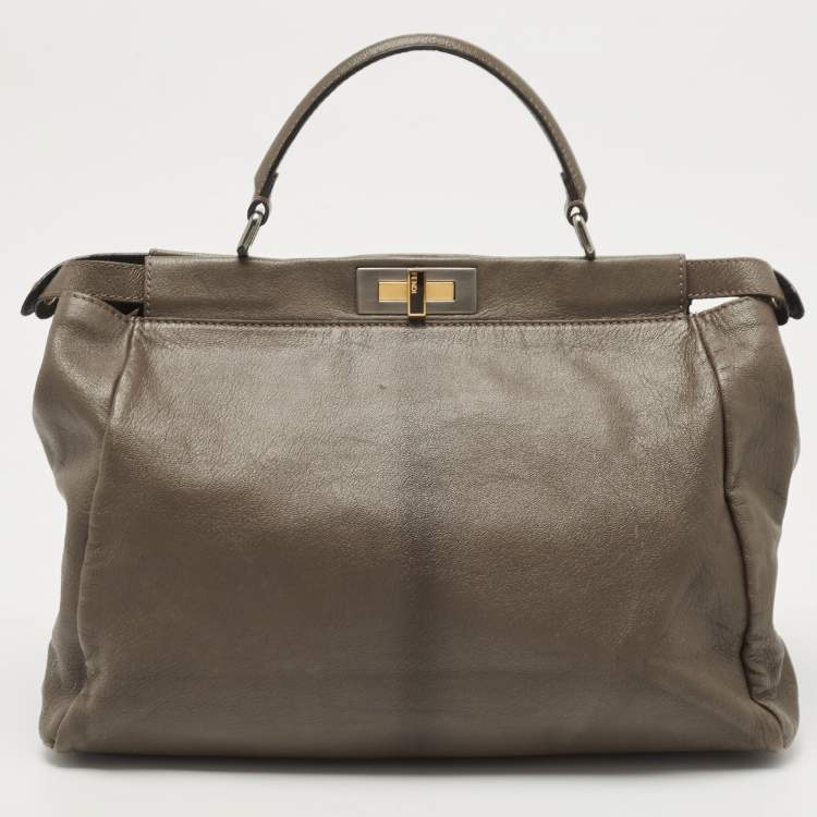 Pre Owned Fendi Dark Grey Leather Large Peekaboo Top Handle Bag
