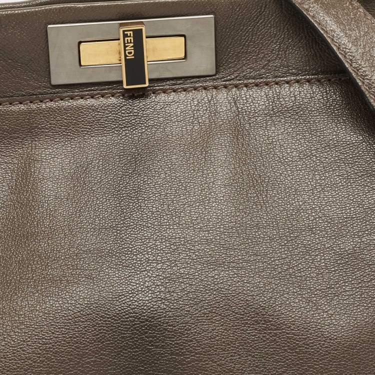 Pre Owned Fendi Dark Grey Leather Large Peekaboo Top Handle Bag