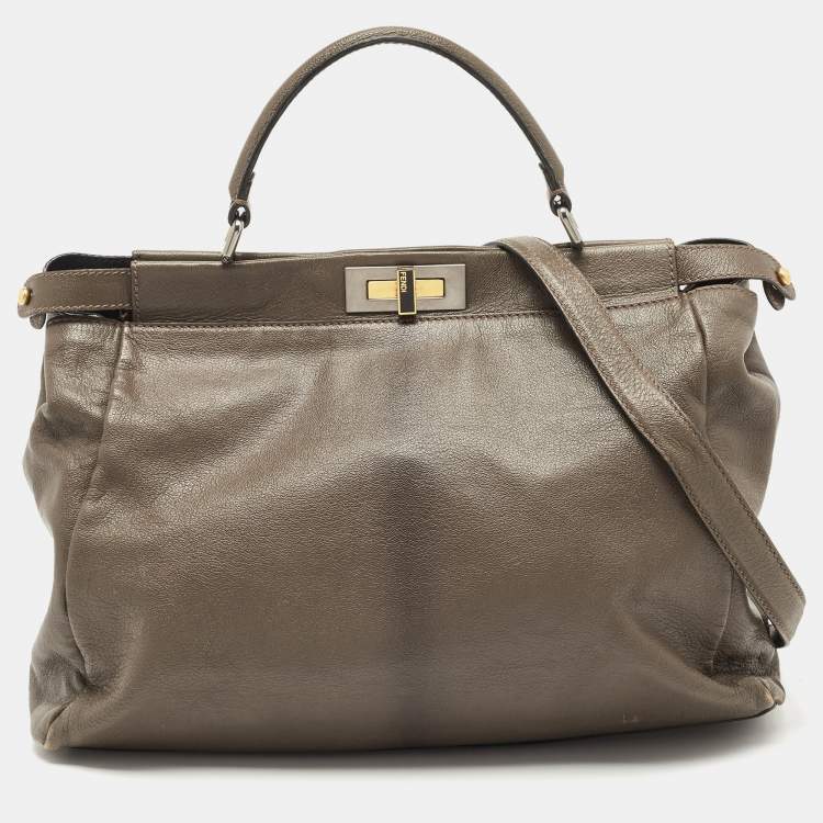 Pre Owned Fendi Dark Grey Leather Large Peekaboo Top Handle Bag
