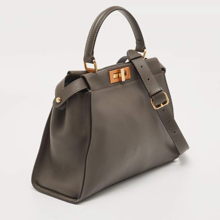 Pre Owned Fendi Dark Beige Leather Medium Peekaboo Top Handle Bag