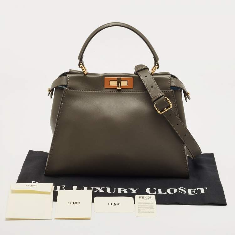Pre Owned Fendi Dark Beige Leather Medium Peekaboo Top Handle Bag