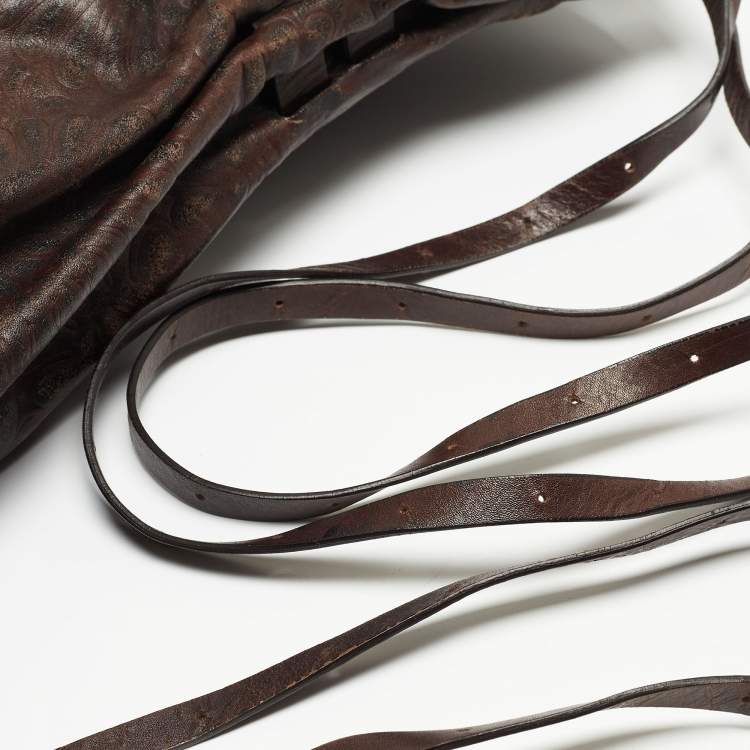 Pre Owned Fendi Dark Brown Embossed Leather Buckle Flap Shoulder Bag