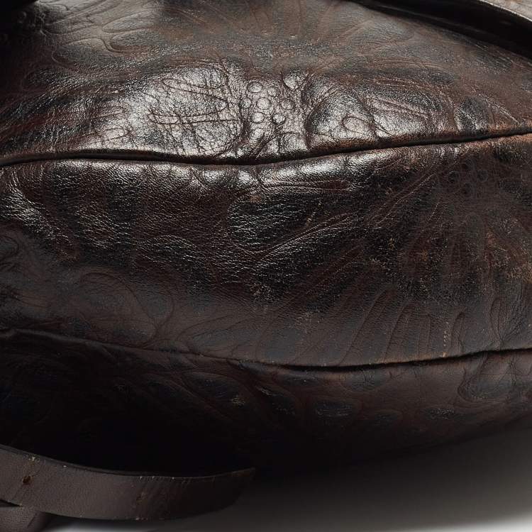 Pre Owned Fendi Dark Brown Embossed Leather Buckle Flap Shoulder Bag