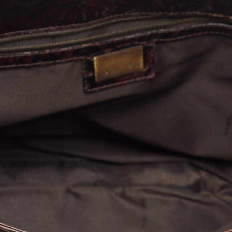 Pre Owned Fendi Dark Brown Embossed Leather Buckle Flap Shoulder Bag