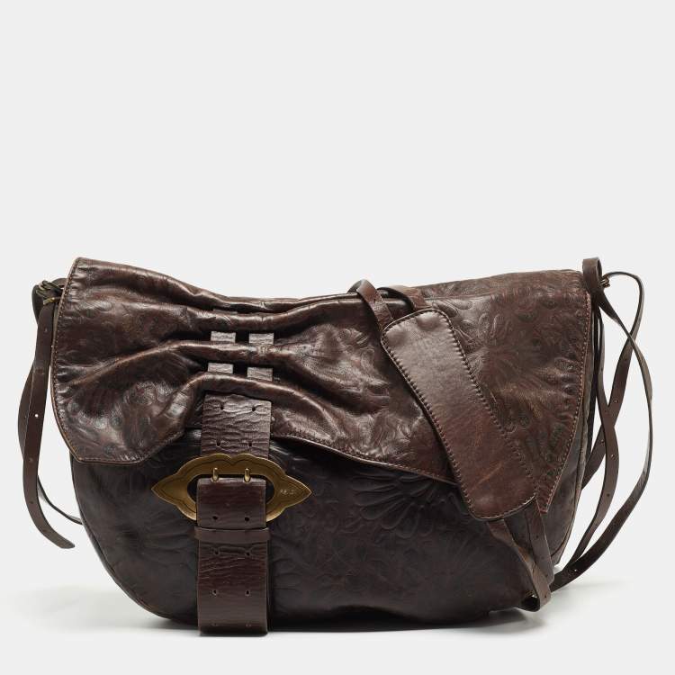 Pre Owned Fendi Dark Brown Embossed Leather Buckle Flap Shoulder Bag