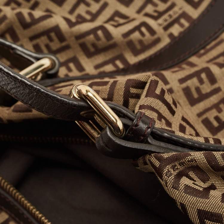 Pre Owned Fendi Ebony/Tobacco Zucchino Canvas, and Leather Bauletto Bag