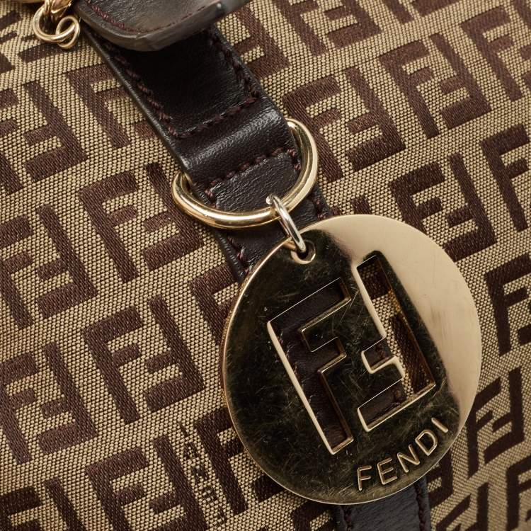 Pre Owned Fendi Ebony/Tobacco Zucchino Canvas, and Leather Bauletto Bag