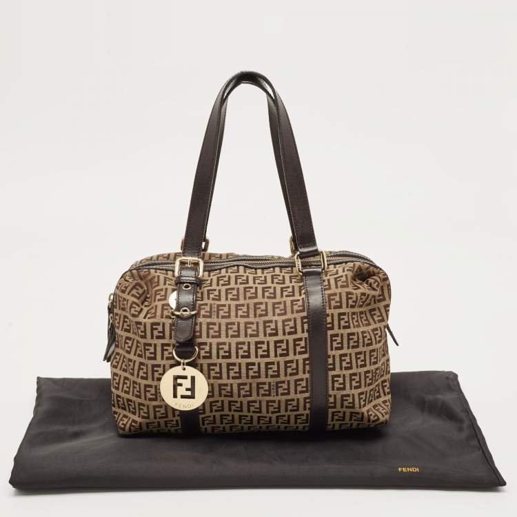 Pre Owned Fendi Ebony/Tobacco Zucchino Canvas, and Leather Bauletto Bag
