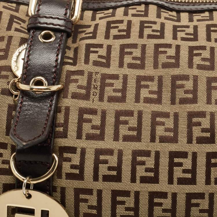 Pre Owned Fendi Ebony/Tobacco Zucchino Canvas, and Leather Bauletto Bag