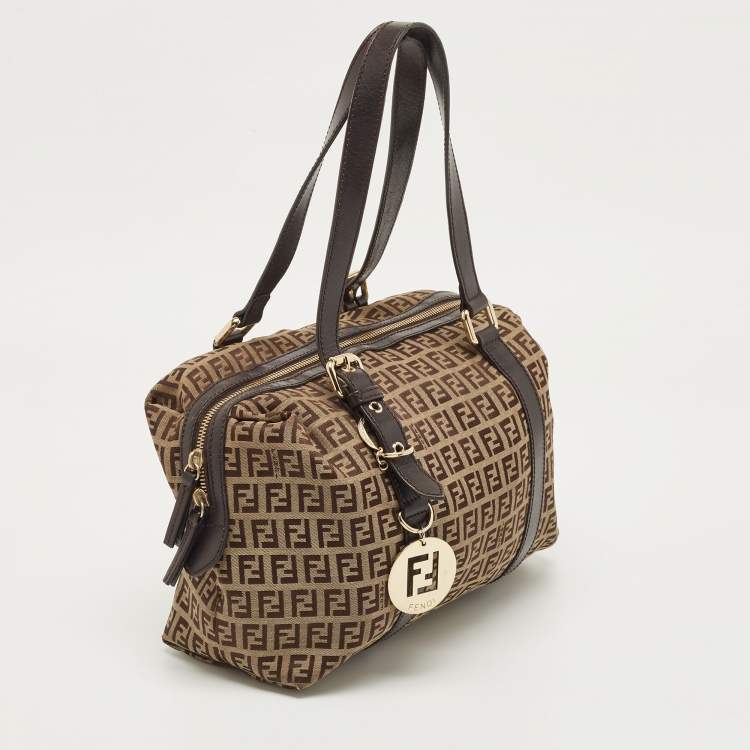 Pre Owned Fendi Ebony/Tobacco Zucchino Canvas, and Leather Bauletto Bag