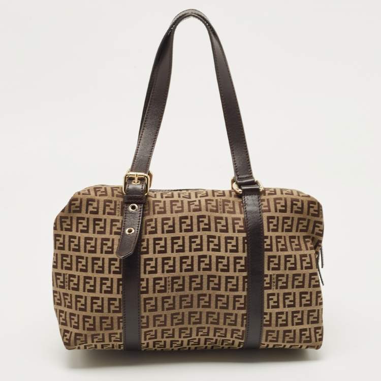 Pre Owned Fendi Ebony/Tobacco Zucchino Canvas, and Leather Bauletto Bag