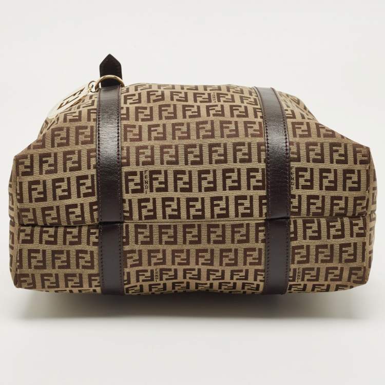 Pre Owned Fendi Ebony/Tobacco Zucchino Canvas, and Leather Bauletto Bag