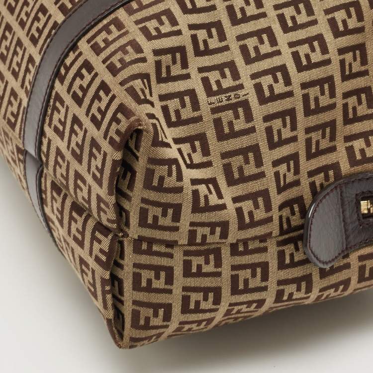 Pre Owned Fendi Ebony/Tobacco Zucchino Canvas, and Leather Bauletto Bag