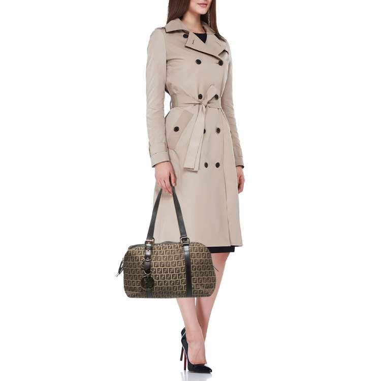 Pre Owned Fendi Ebony/Tobacco Zucchino Canvas, and Leather Bauletto Bag