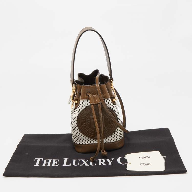 Pre Owned Fendi Khaki/White Perforated Leather Mini Mon Tresor Bucket Bag