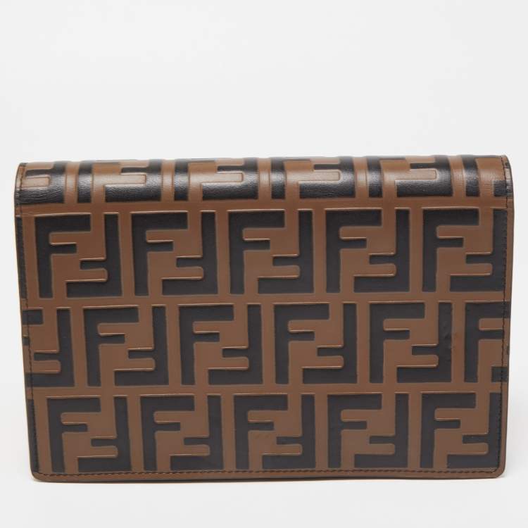 Pre Owned Fendi Military Green/Brown FF Leather Wallet On Chain