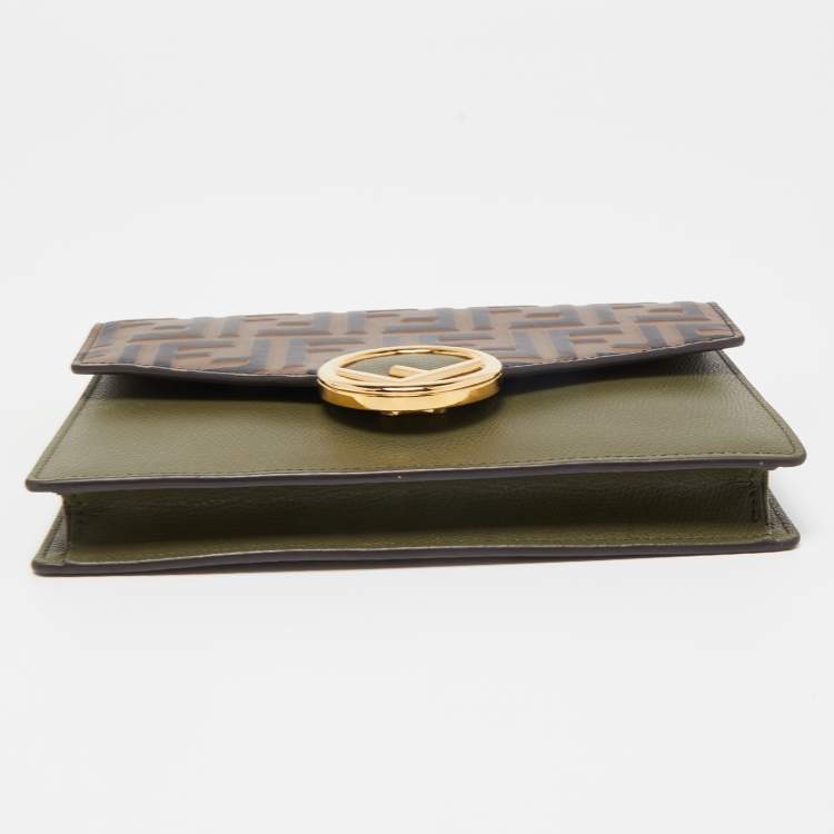 Pre Owned Fendi Military Green/Brown FF Leather Wallet On Chain