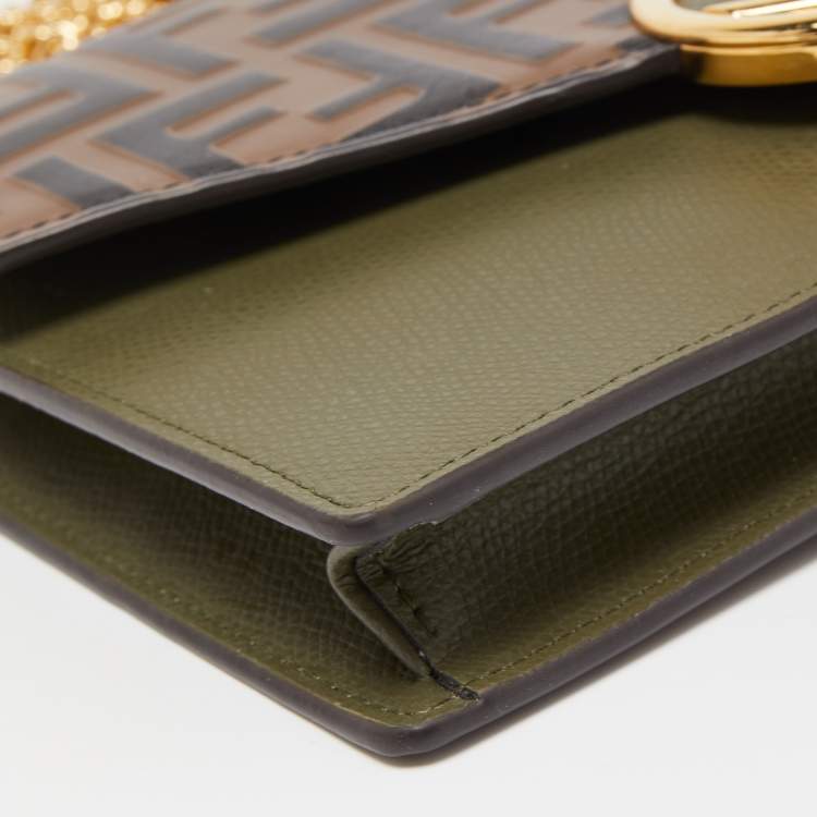 Pre Owned Fendi Military Green/Brown FF Leather Wallet On Chain